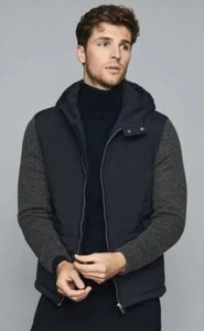 $520 REISS Shapley Navy Blue Hooded Jacket Lined/Gray Wool Knit Sleeves Size XL - Picture 1 of 13