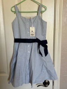 Hope and Henry Girls Blue/White Pinstripe Navy Belt Sleeveless Dress, 6, NWT - Picture 1 of 3