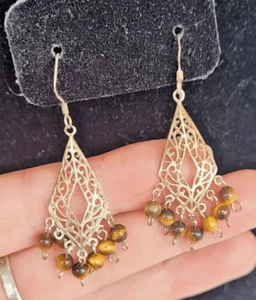 Earth Fairy Bohemain Sterling Silver Tiger's Eye Filigree Chandelier Earrings 2" - Picture 1 of 7