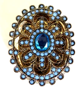 Vtg Stylized Gold Embossed Locket Gorgeous Blue Beads W Lovely Filigree - Picture 1 of 6