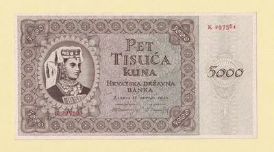 REINO CROACIA, SEGUNDA GUERRA MUNDIAL 5000 KUNA 1943 P-14a UNC - Prefijo K Foto 1 de 2