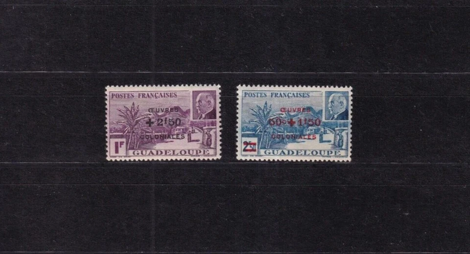 SA33c Guadeloupe 1944 Marshal Petain, Landscape surcharged hinged stamps. - Image 1 of 1