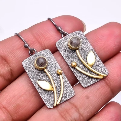Natural Black Rutilated Quartz 925 Silver Black & Gold Plated Earring 1.56" E32 - Image 1 of 4