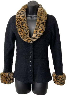 Vintage Betsey Johnson 90s Y2K Leopard Faux Fur Trim Cardigan Sweater Black M - Image 1 of 4