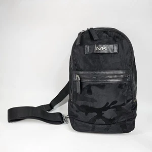 Michael Kors Kent Camo Jacquard Sling Pack Mens Shoulder Bag Backpack Slim Black - Picture 1 of 15
