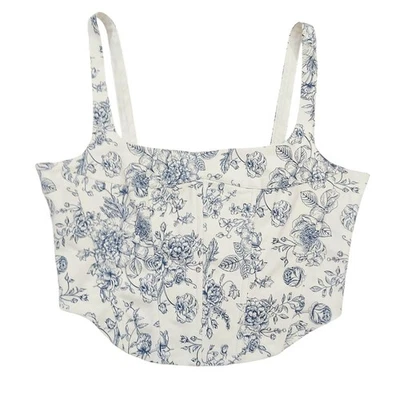 Corsé corto Christian Lacroix para mujer pequeño blanco azul floral cuello cuadrado    Foto 1 de 4