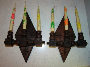 Vtg 60s Pair Folk Art Hippi Flower Power Wood Candle Holder Wooden Wall Sconces - Picture 1 of 15