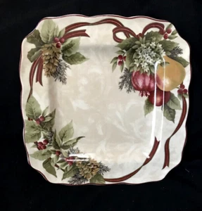 222 Fifth Yuletide Celebration Square Dinner Plate 10.75" Fruit Pinecone Holly - Picture 1 of 6