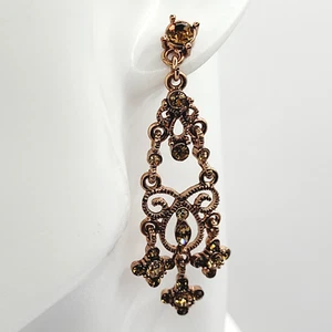 1928 Crystal Chandelier Amber Crystals Copper Tone Dramatic Pierced Earrings - Picture 1 of 24