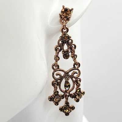 1928 Crystal Chandelier Amber Crystals Copper Tone Dramatic Pierced Earrings - Image 1 of 4
