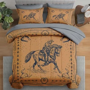 Comforter Set Queen Size, Western Cowboy Retro 7 Pcs Bedding for Kids and Adu... - Picture 1 of 7