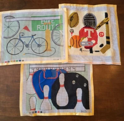 LOT OF 3~Unfinished Needlepoint Canvases~Sports Bowling Bike Football Baseball  - Image 1 of 4