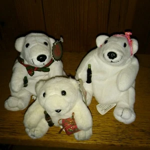 Lot of 3 Plush Coca Cola White Polar Bears Family 5" 5" & 4" Dad Mom & Baby - Picture 1 of 2