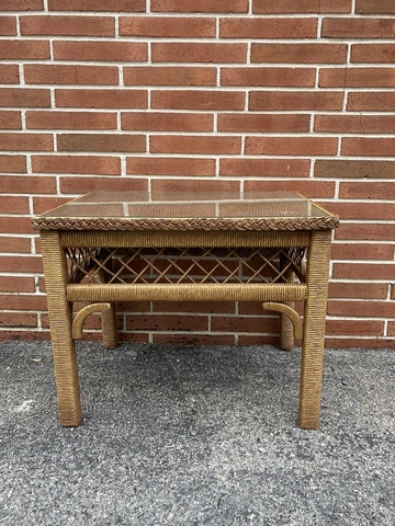 Vintage Henry Link Wicker Side Table Glass Top Boho MCM Cover