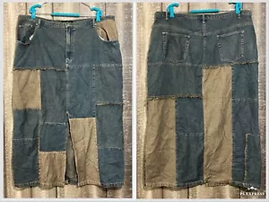 Ashley Stewart Y2K Long Blue Brown Denim Patchwork Maxi Skirt Plus Size 24 Boho - Picture 1 of 7