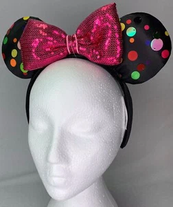 Disney Ear Headband Black Multi Color Dots Bright Pink Bow - Picture 1 of 7