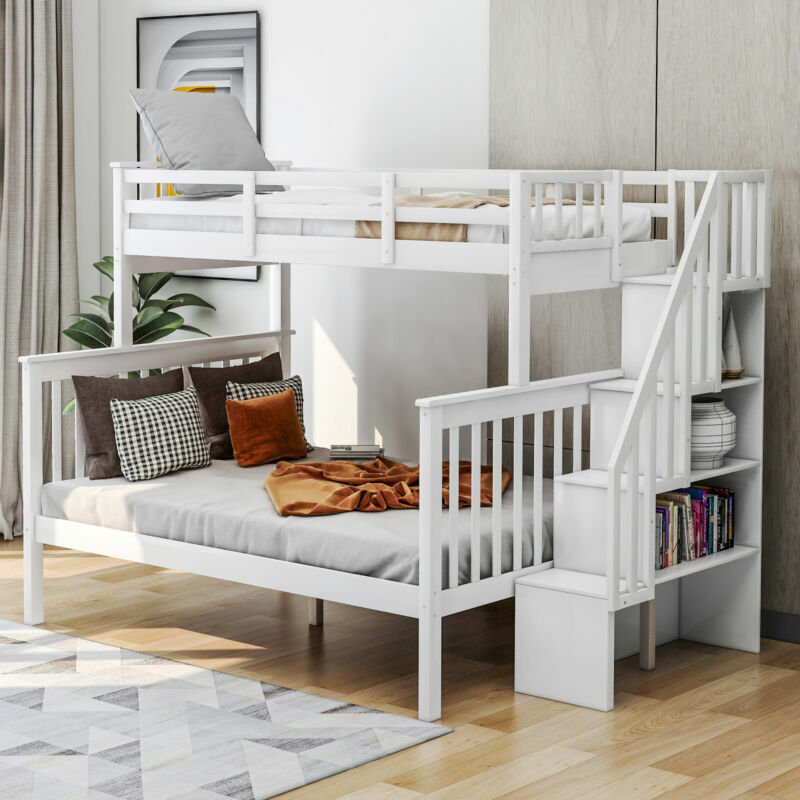 Bunk Beds Twin Over Full Size Solid Wood Loft Bunk Bed w/ Trundle for Kids Adult