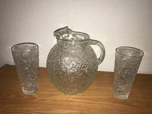 VINTAGE CRYSTAL GLASS BALL JUG PITCHER W/ 2 GLASSES: ANCHOR HOCKING? MILANO? - Picture 1 of 7