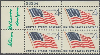 US Stamps Scott #1132 Star Flag Plate Block with Designer Signature LH - Image 1 of 2
