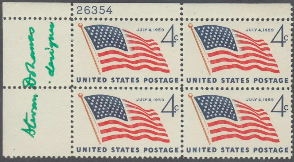 US Stamps Scott #1132 Star Flag Plate Block with Designer Signature LH - Image 1 of 2