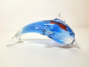 Art Glass Blue Narwhal with Orange Fish inside Paperweight Figurine - Picture 1 of 9