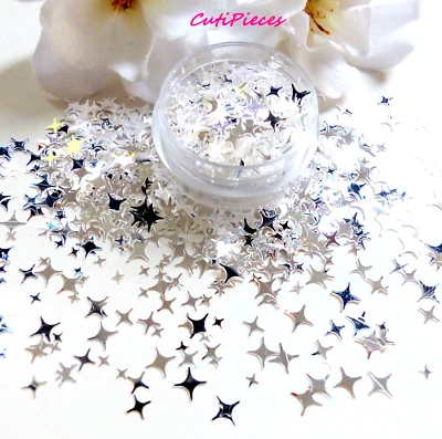 Nail Art Glitter *Sugar Stars* Mirror Effect Silver Light Metallic Spangle Pot