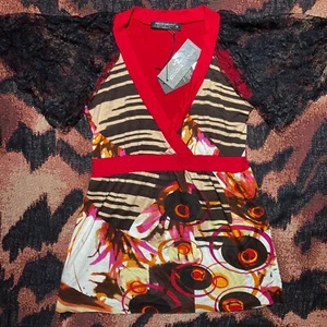 Vtg Y2K cherry red black graphic babydoll party top lace empire waist abstract - Picture 1 of 5