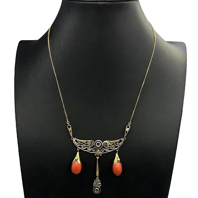 Collier Ancien Vintage Avec Pendentif En Or 14K Et 18K Argent Coraux Et Rosettes - Photo 1/4