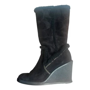 Coach Jordana Boots Women 6 M Black Suede Wedge Signature Logo Fur Trim Size 36 - Picture 1 of 1