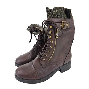 Womens 10 Mid Calf 12" Brown Combat Riding Boots Zip Up Lace Up Dream Pairs - Picture 1 of 10