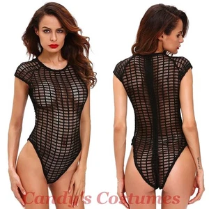 BLACK / WHITE Cage BODYSUIT See-Through MESH Cap Sleeve HIGH CUT Formal TEDDY - Picture 1 of 7