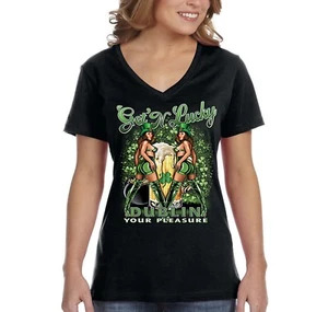 Womens Get N' Lucky Dublin Pleasure Pinup Irish St. Patrick's Day V-Neck T-Shirt - Picture 1 of 6
