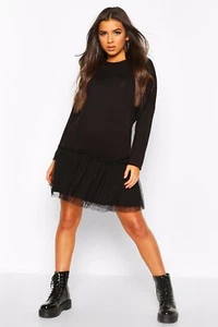 Boohoo Dobby Mesh Drop Hem Long Sleeve T-Shirt Dress Size 8 - Picture 1 of 6