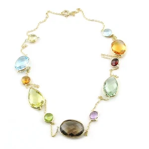 14K Yellow Gold Station Necklace With Round, Oval & Pear Shape Gemstones 20 Inch - Picture 1 of 3