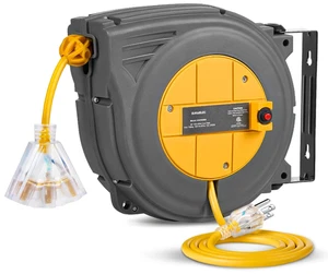 30 Fuß einziehbare Schnurrolle, 3 Steckdosen, 10 A Unterbrecher, Wand-/Deckenhalterung - Bild 1 von 7