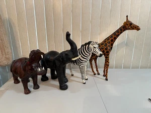 Vintage Leder Elefant, Giraffe, Nilpferd und Zebra Statuen Figuren 4 Stück - Bild 1 von 21