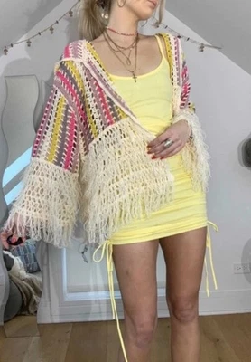 POL Crochet Fringe Hooded Open Cardigan Sweater Boho Festival Striped Knit Sz S - Image 1 of 4