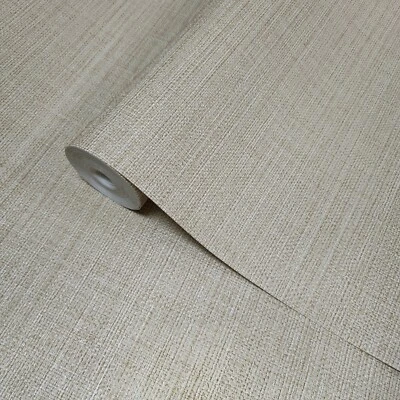 Embossed Taupe faux grass sackcloth fabric textured plain modern wallpaper rolls - Image 1 of 4