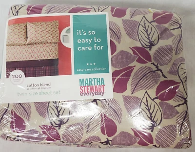 vtg Martha Stewart Everyday Twin Sheet Set Thicket Print Plum 200 Leaf - Image 1 of 4