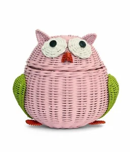 Rattan Owl Hoot Storage Basket Storage Pink Hand Woven Organizer Wicker Decor - Picture 1 of 8