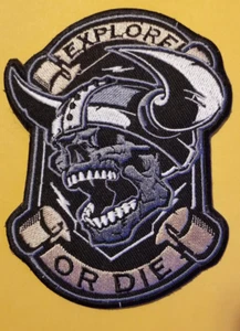 Parche bordado Explore or Die Viking aprox 3,75x4,75" costura de hierro - Imagen 1 de 2