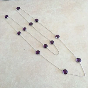 NATÜRLICHE RUNDE LILA AMETHYST 925 STERLINGSILBER LANGE KETTE HALSKETTE 36" MALA - Bild 1 von 5