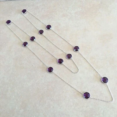 NATURAL ROUND PURPLE AMETHYST 925 STERLING SILVER LONG CHAIN NECKLACE 36" MALA - Image 1 of 4