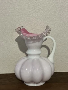 Fenton Melon Vase Pitcher White/Pink Cased Silver Crest Ruffled Edge 8.5" - Picture 1 of 7