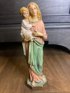 Vintage Lady Madonna And Child Statue Heavy Resin Handpainted In Italy Christian - Picture 1 of 8