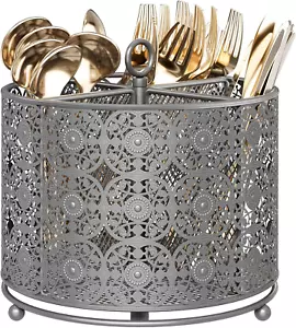 Rotating Utensil Caddy Organizer 4-Compartment Metal Cutlery Holder for Kitchen - Picture 1 of 12