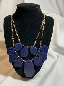 Blue Stone w/Gold Design Two Layered Statement Necklace with Golden Chain - Picture 1 of 4