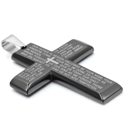 Men's Stainless Steel Cross Lord's Prayer Bible Charm Necklace Pendant Black - Image 1 of 4