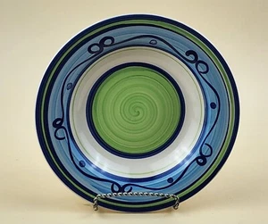 Dipinto A Mano Hand Painted 8.5" Pasta/Salad Bowl, Blue Green Stripes & Swirl - Picture 1 of 9