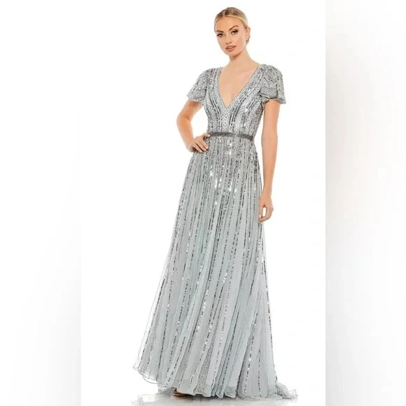 Mac Duggal сланец синий полоски блестками украшенное вечернее платье размер 12 $458 - Изображение 1 из 3